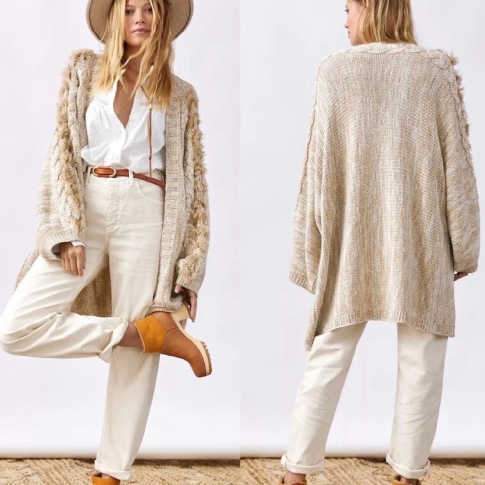 Anthropologie Cream Beige Braided Fringe Textured Cardigan One Size NWOT